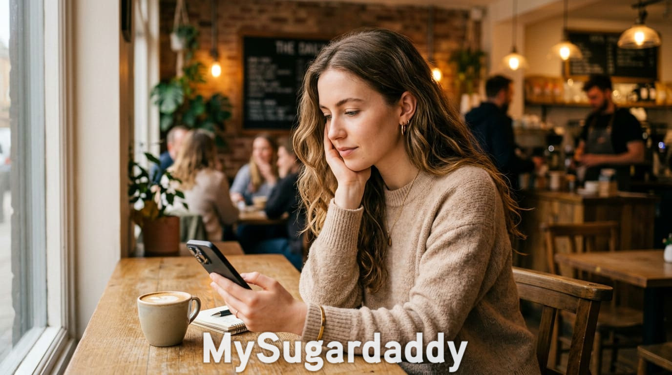 Mujer revisando los mensajes de un posible falso Sugar Daddy antes de quedar